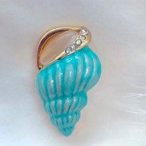 Blue Enamel Rhinestone Shell Brooch